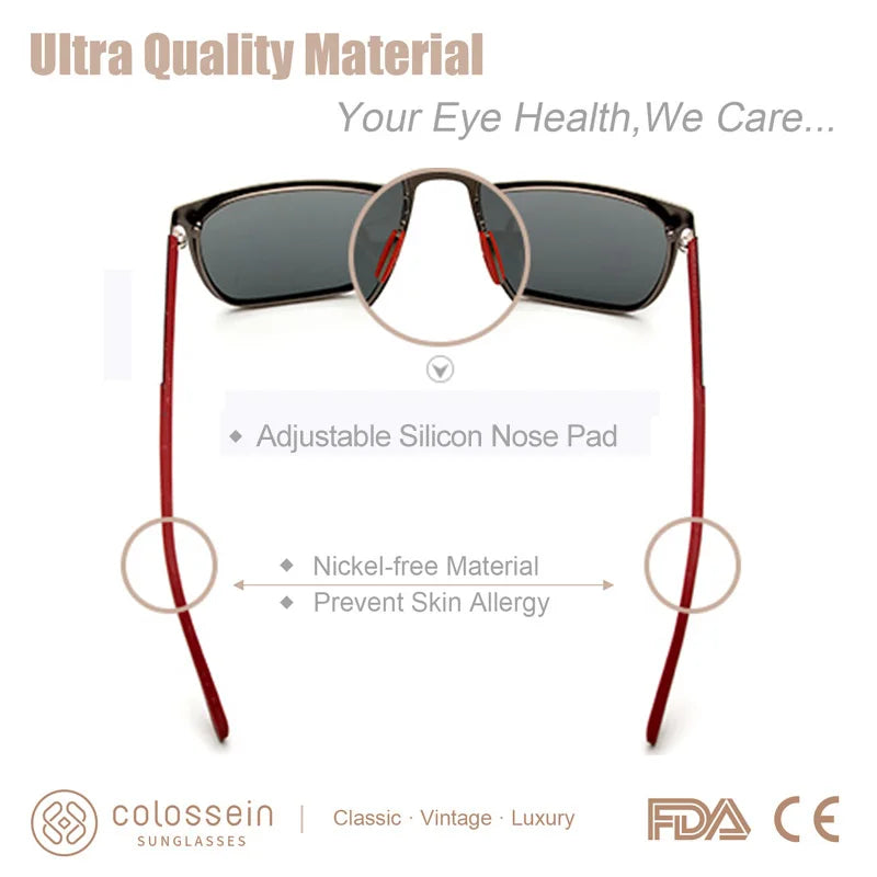 COLOSSEIN Sunglasses Men Polarized Classic Fashion Metal Square Frame Lens