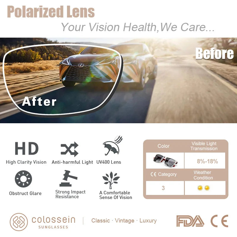 COLOSSEIN Sunglasses Men Polarized Classic Fashion Metal Square Frame Lens