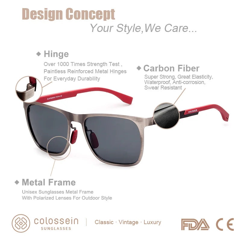 COLOSSEIN Sunglasses Men Polarized Classic Fashion Metal Square Frame Lens