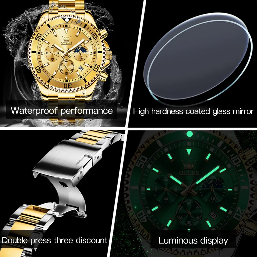 Golden Quartz Watch for Men Stainless Steel Waterproof Moonswatch
