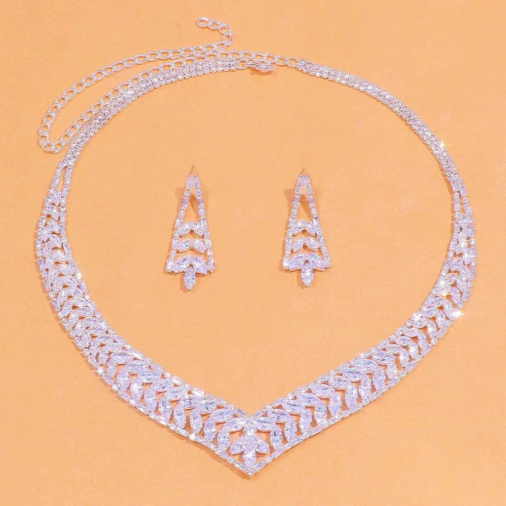 Luxury Leaf Zircon Jewelry Set High Quality Necklace Earrings Sets for Women