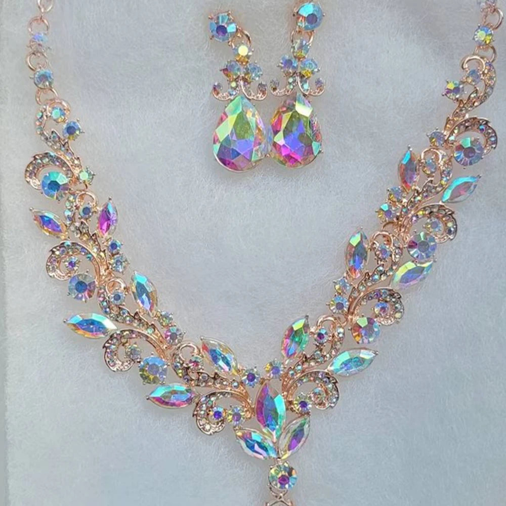 Rhinestone Drop Necklace and Earrings Set for Women