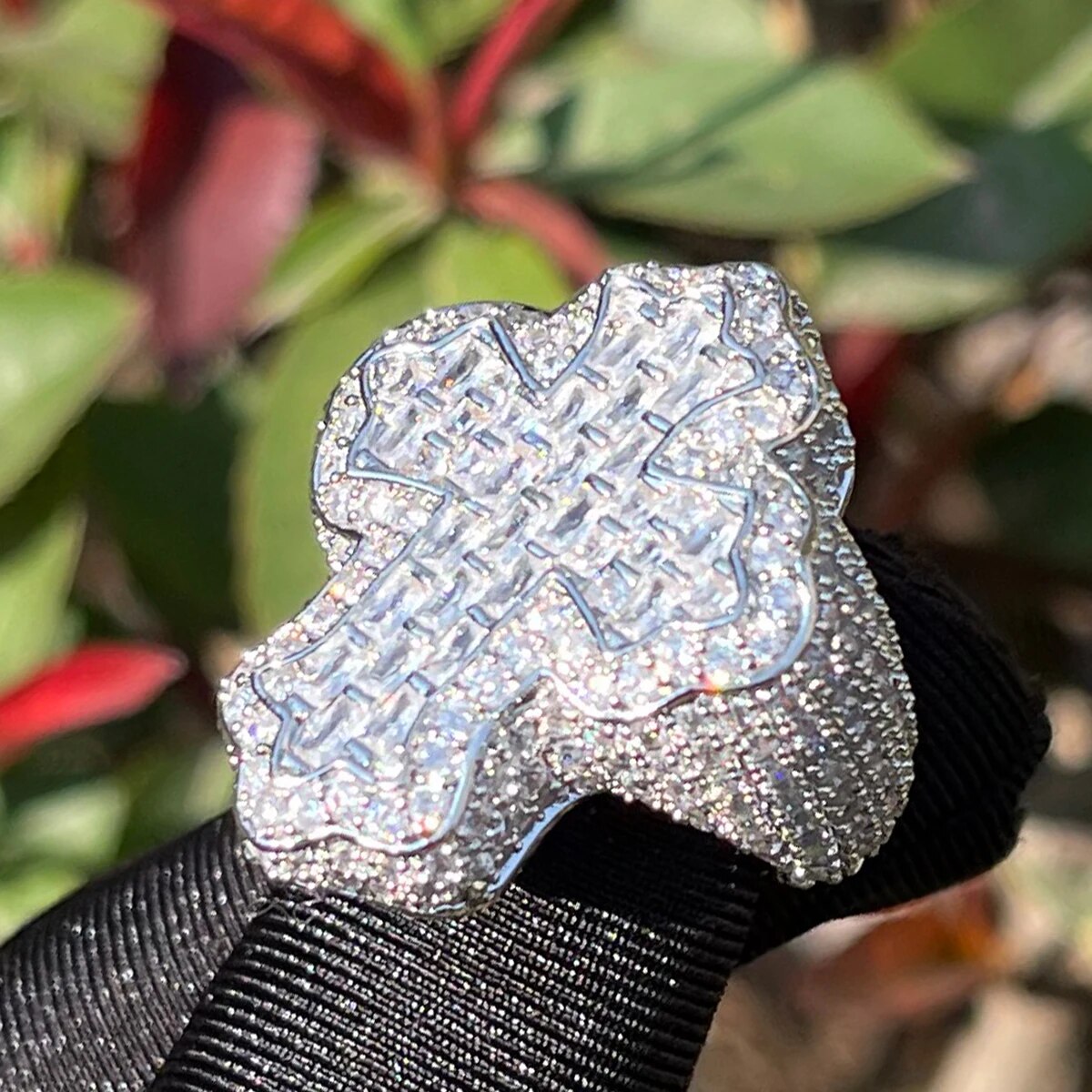 Bubble Letter Cross Finger Ring Iced Out Zircon Prong Setting Men Jewelry