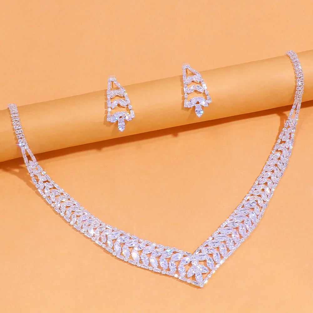 Luxury Leaf Zircon Jewelry Set High Quality Necklace Earrings Sets for Women