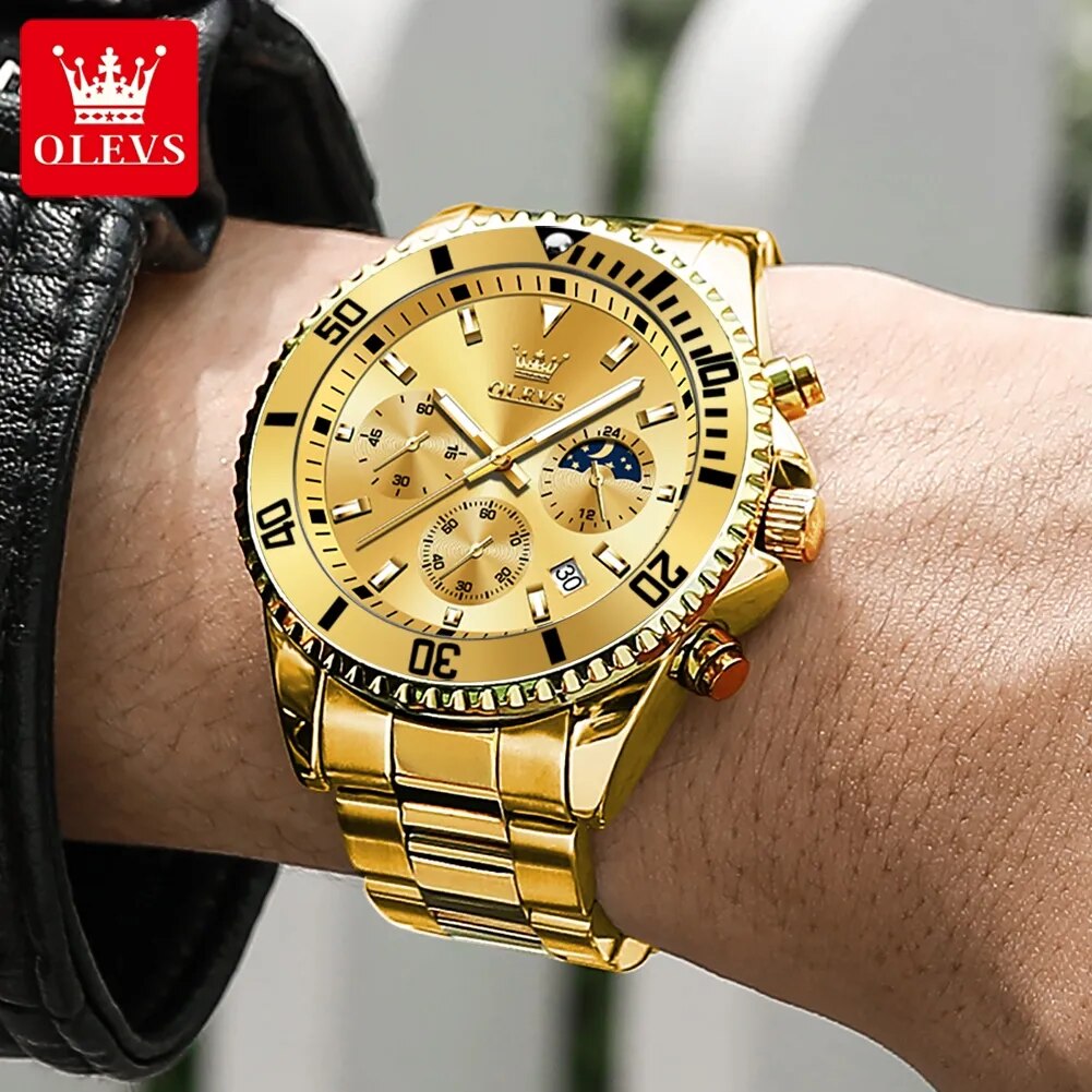 Golden Quartz Watch for Men Stainless Steel Waterproof Moonswatch