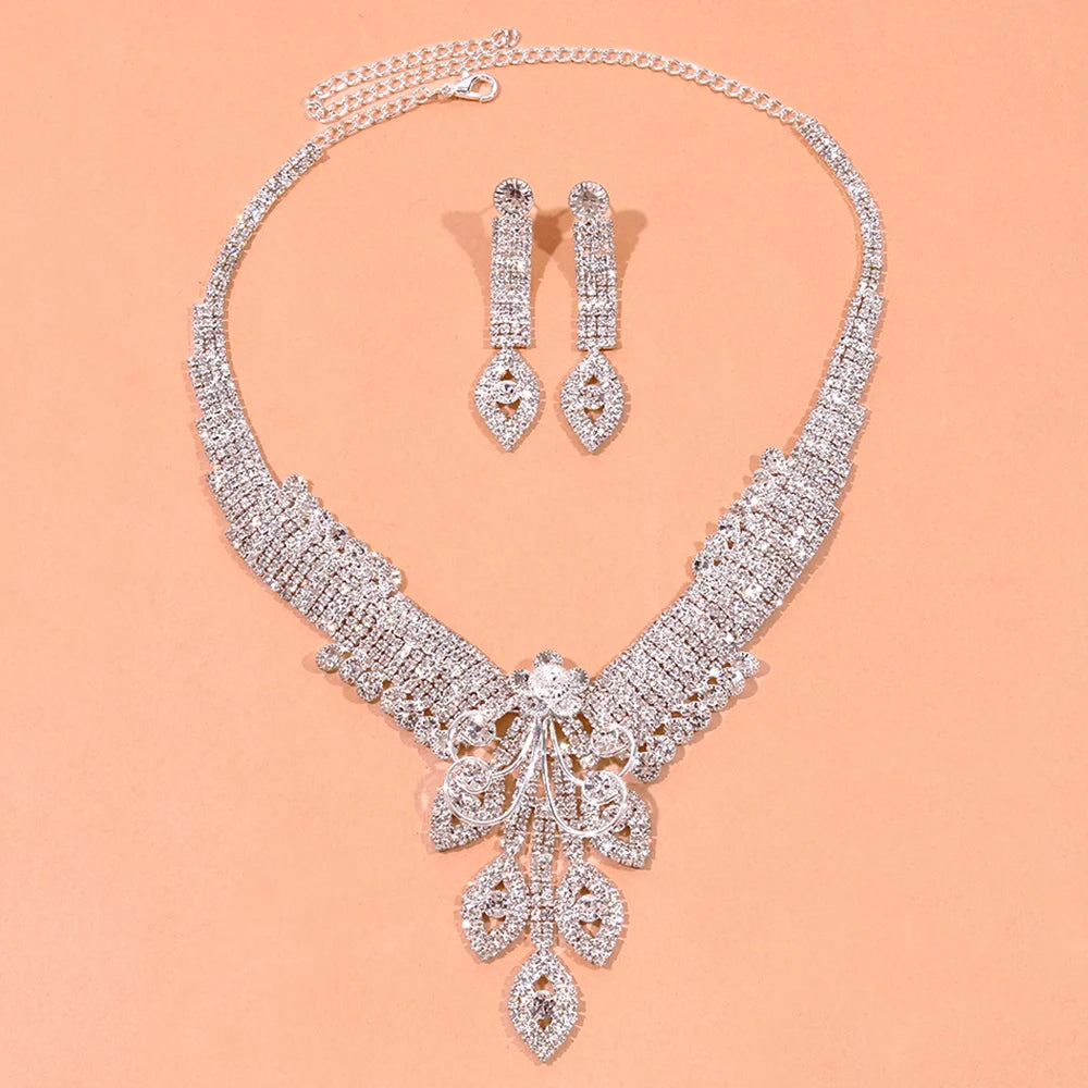 Luxury Leaf Crystal Jewelry Set Necklace Earrings Accessories for women.