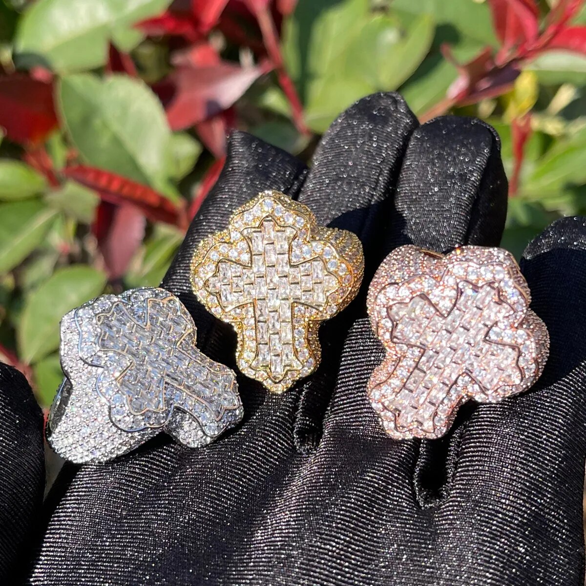 Bubble Letter Cross Finger Ring Iced Out Zircon Prong Setting Men Jewelry