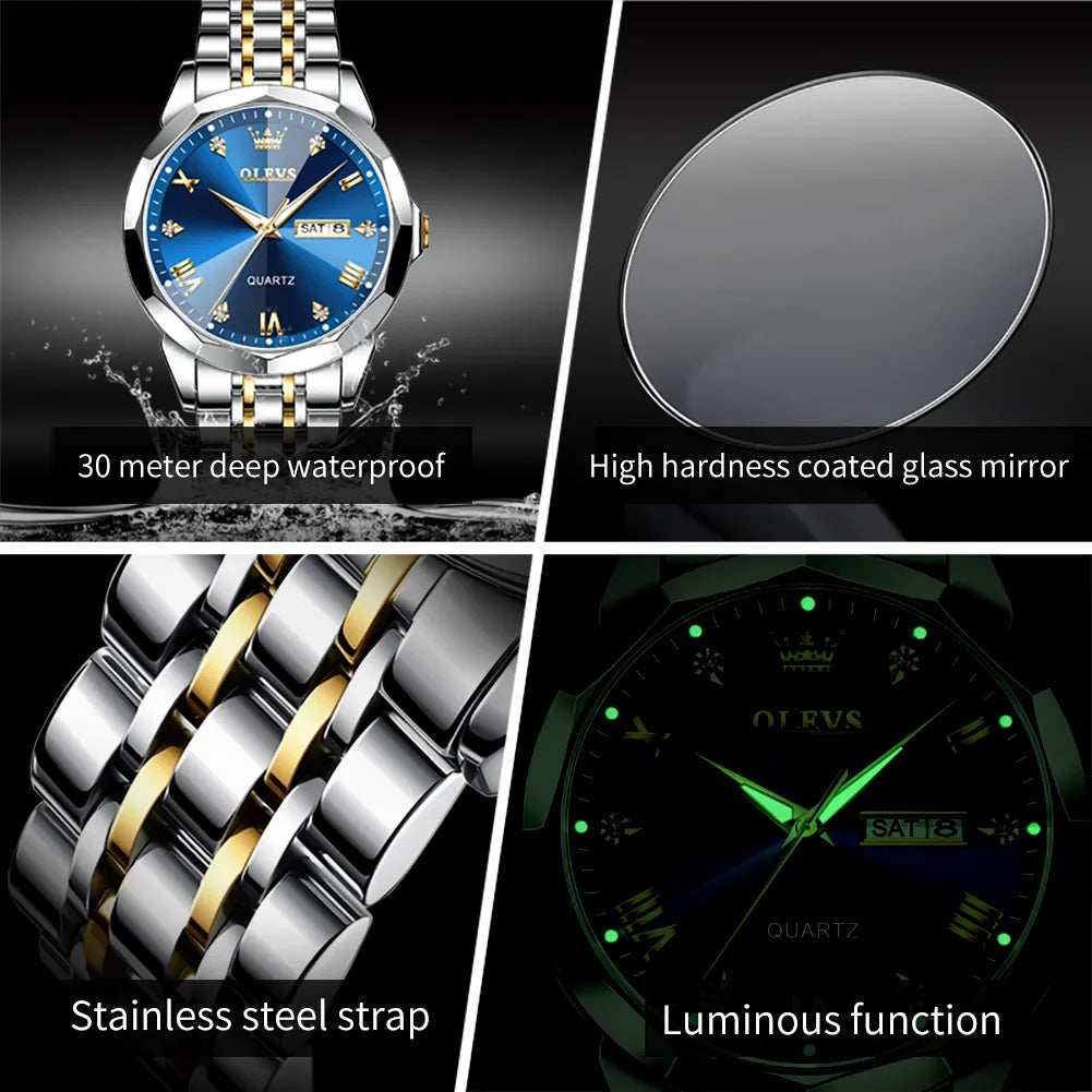 Men's Rhombus waterproof stainless steel luminous Quartz watch