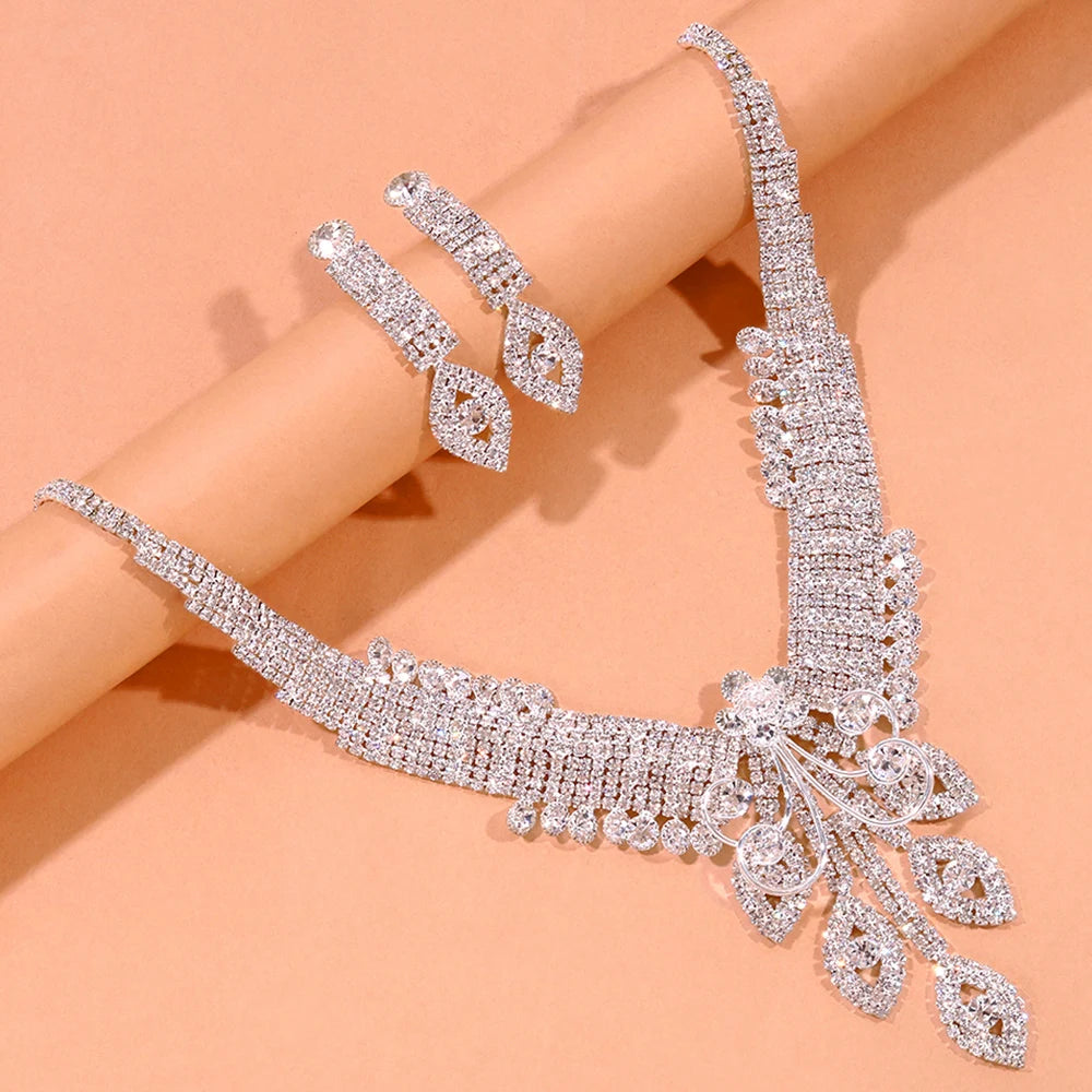 Luxury Leaf Crystal Jewelry Set Necklace Earrings Accessories for women.
