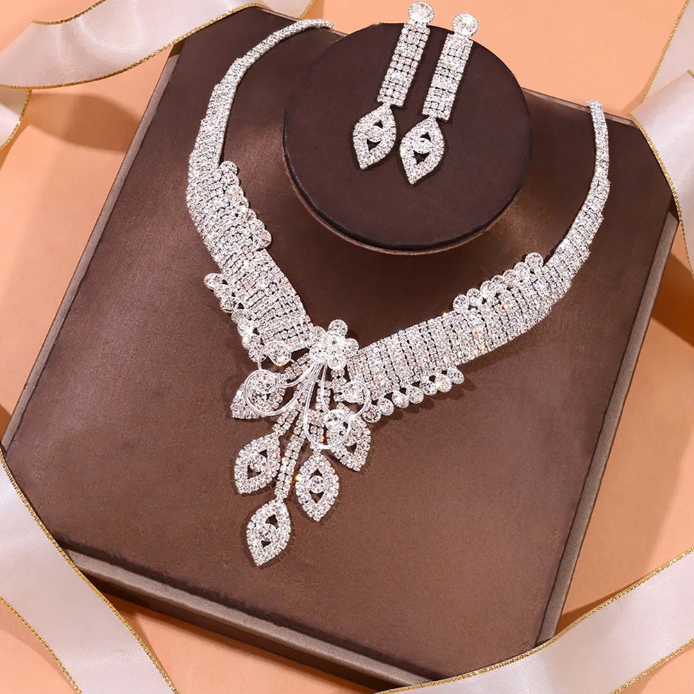 Luxury Leaf Crystal Jewelry Set Necklace Earrings Accessories for women.