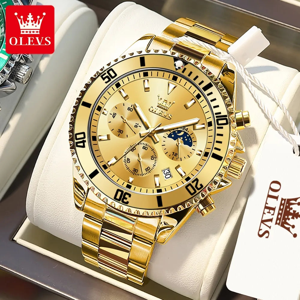 Golden Quartz Watch for Men Stainless Steel Waterproof Moonswatch