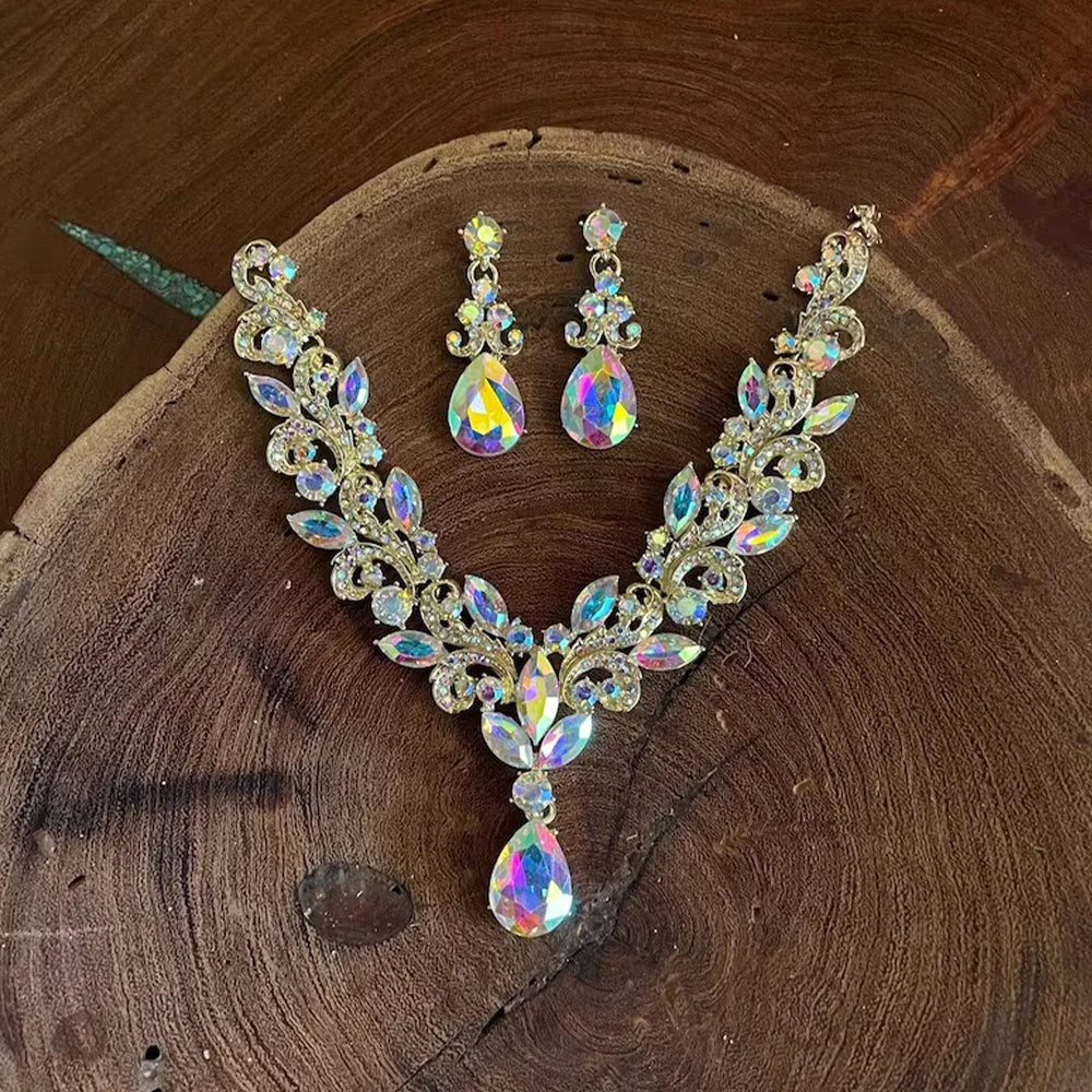 Rhinestone Drop Necklace and Earrings Set for Women