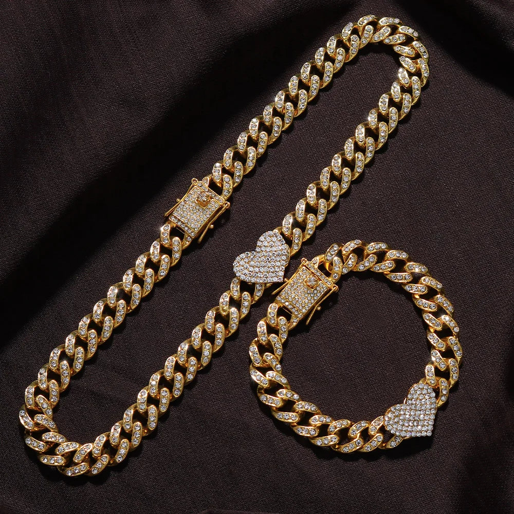 Rapper Full Heavy Heart-shaped Cuban Link Bracelet Iced Women Necklace