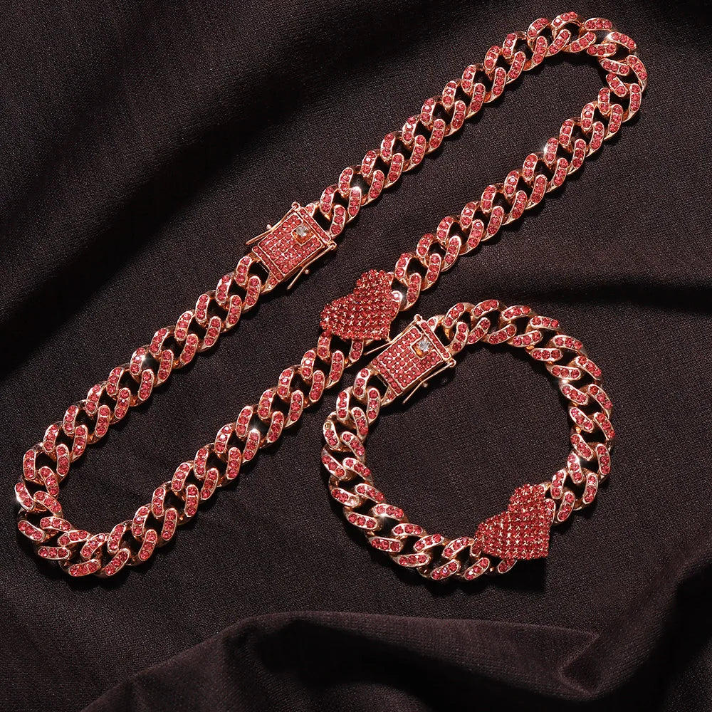 Rapper Full Heavy Heart-shaped Cuban Link Bracelet Iced Women Necklace