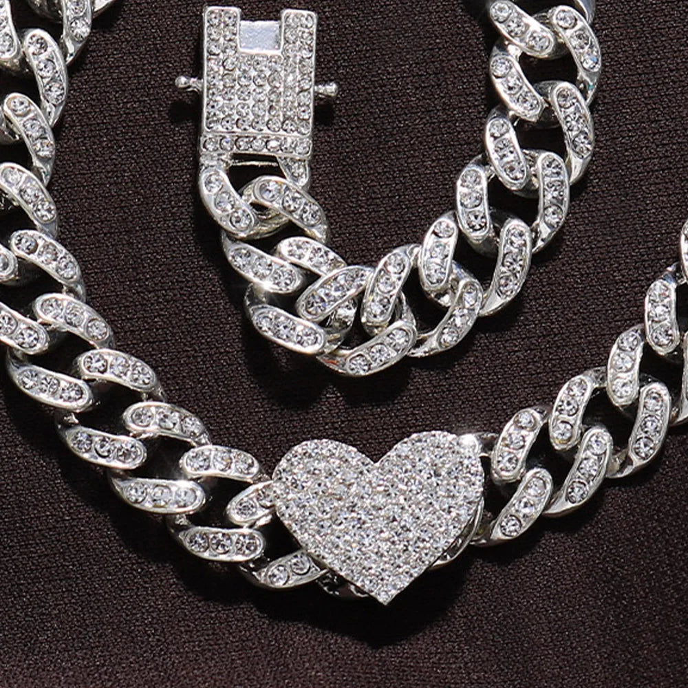 Rapper Full Heavy Heart-shaped Cuban Link Bracelet Iced Women Necklace