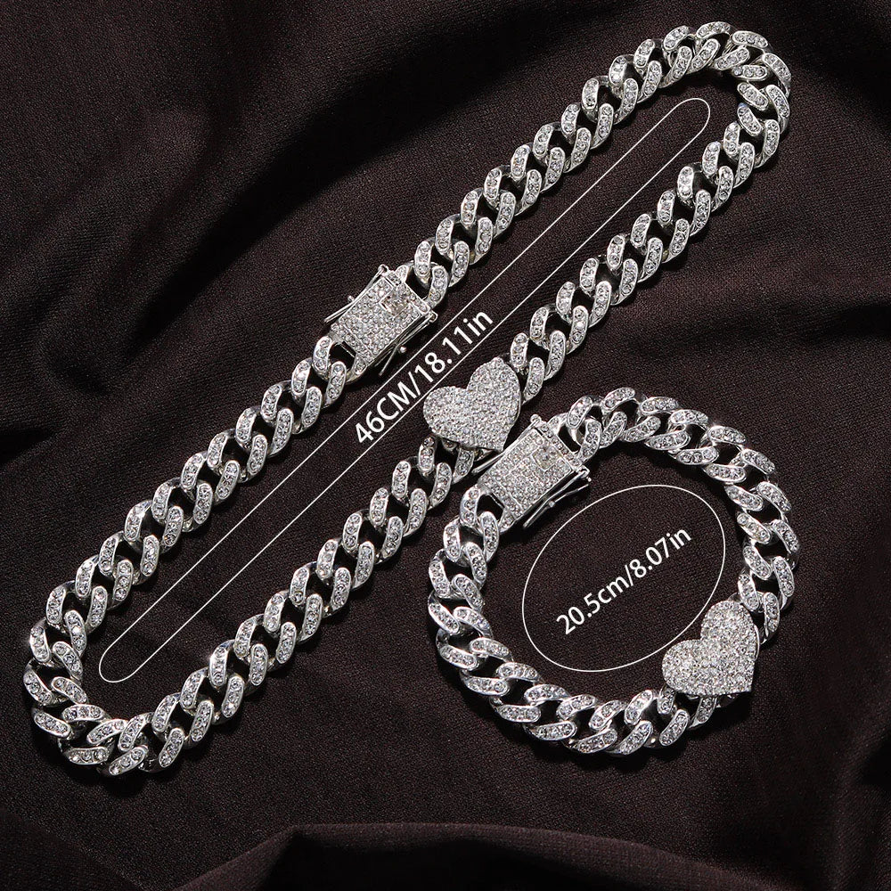 Rapper Full Heavy Heart-shaped Cuban Link Bracelet Iced Women Necklace