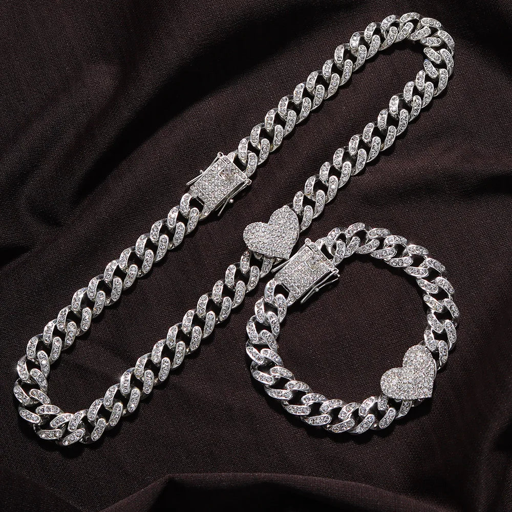 Rapper Full Heavy Heart-shaped Cuban Link Bracelet Iced Women Necklace