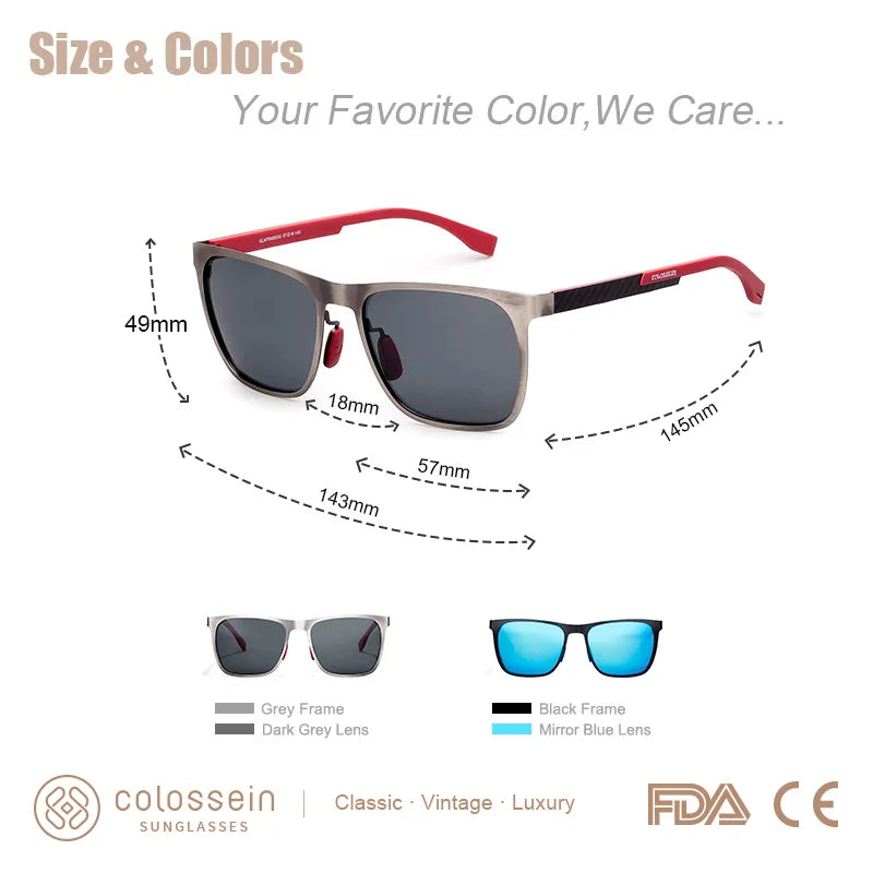 COLOSSEIN Sunglasses Men Polarized Classic Fashion Metal Square Frame Lens
