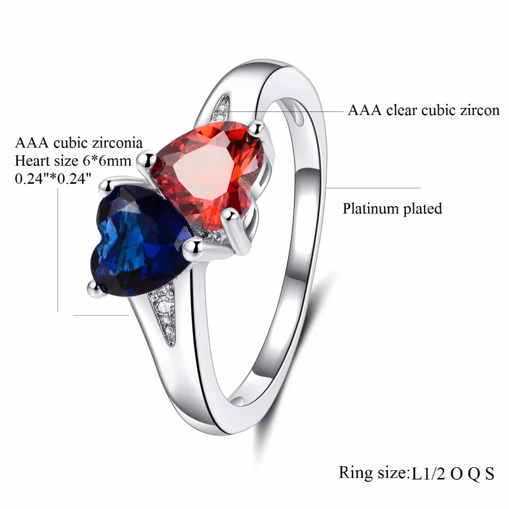 Uloveido Blue and Red Heart Crystal Rings for Women