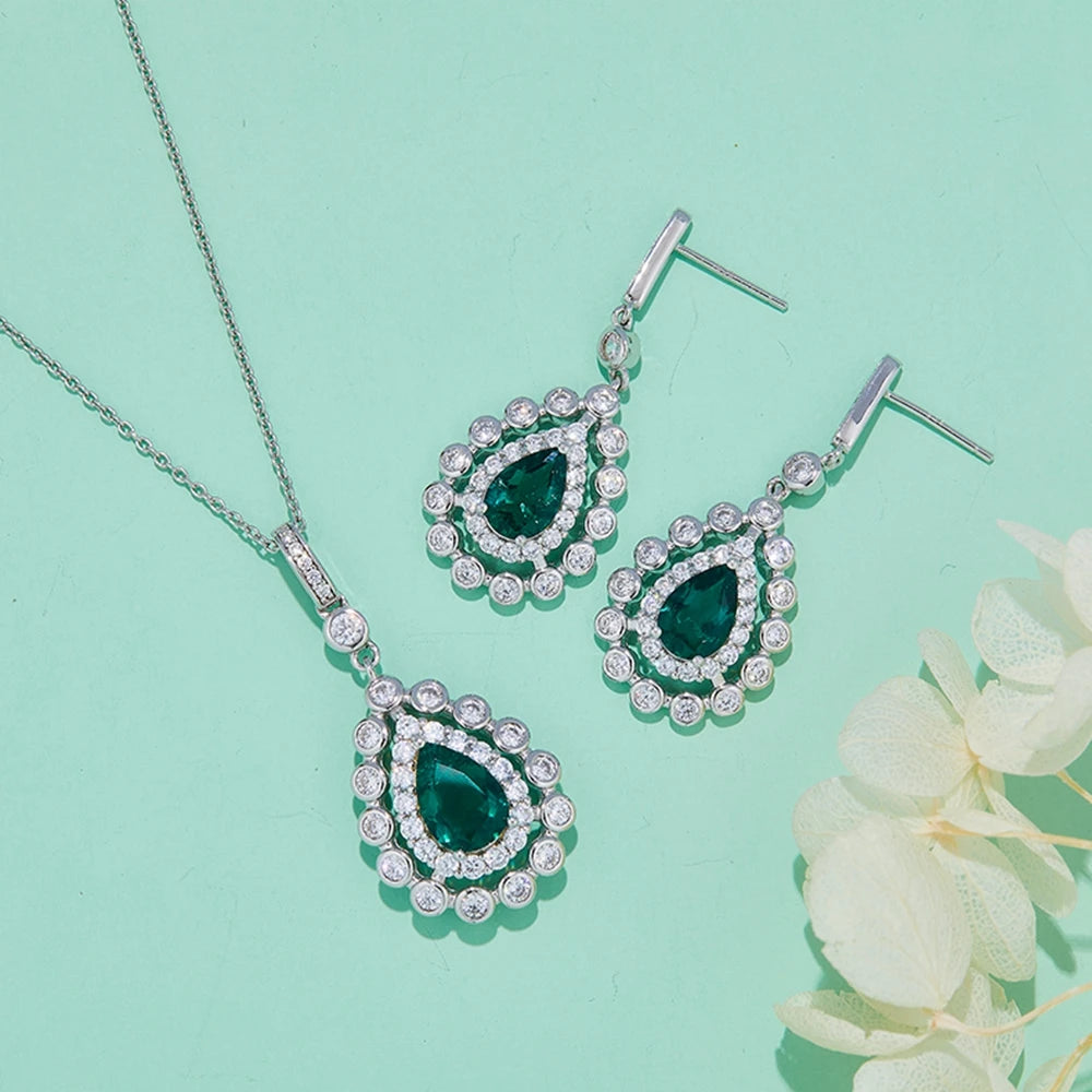 Lab Grown Emerald 925 Sterling Silver Luxury Earrings Jewelry Set