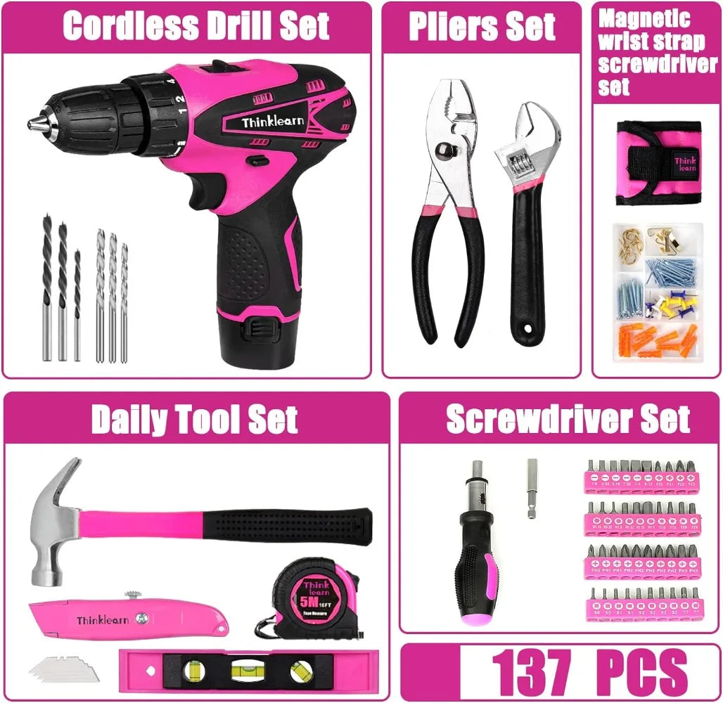 Pink Drill Set for Women, 137 Piece Hand and Power Tool Set