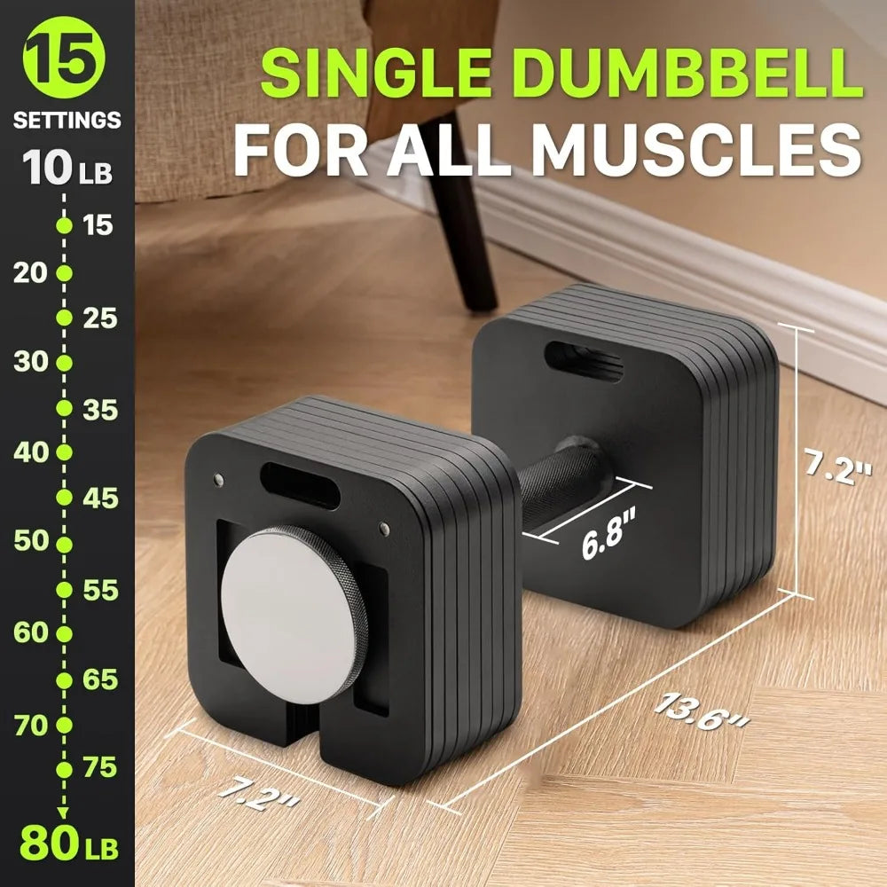 Adjustable Dumbbell Set, 10-80lb, 5lb Increments, For Gym