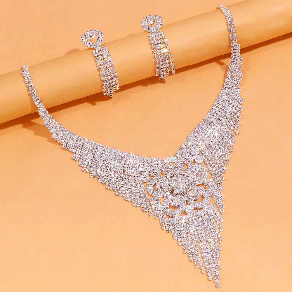 Crystal Flower Tassel Necklace Earrings Set for Women.