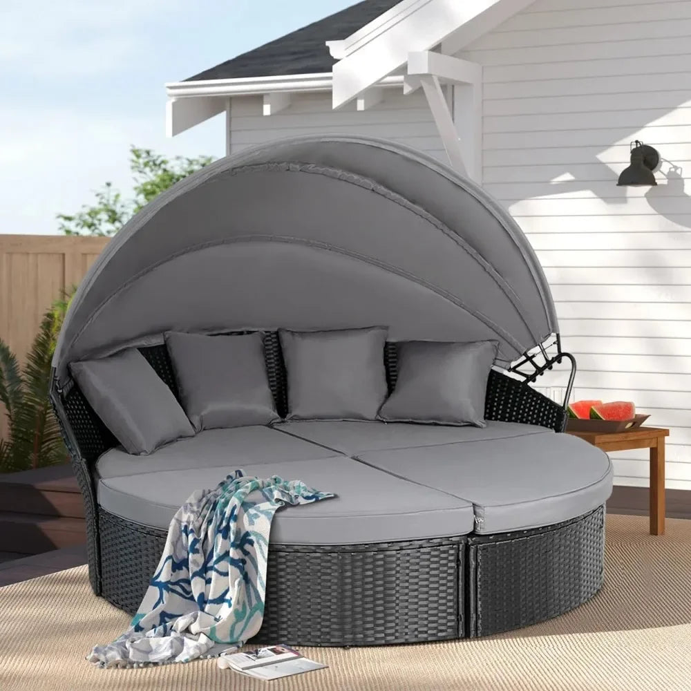 Outdoor Patio Canopy Bed Round Daybed with Washable Cushions