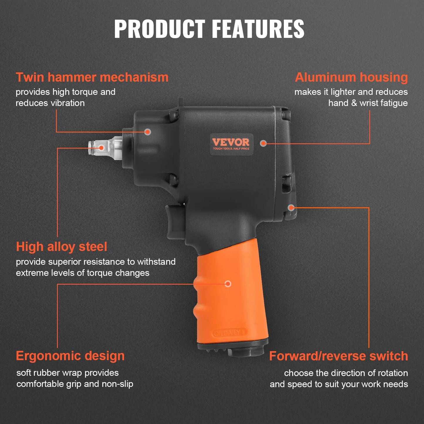 Air Impact Wrench  3/8 Inch Square Drive Pneumatic Impact Gun