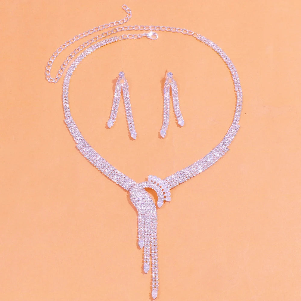 Simple Tassel Necklace Earrings Set Rhinestone Accessories