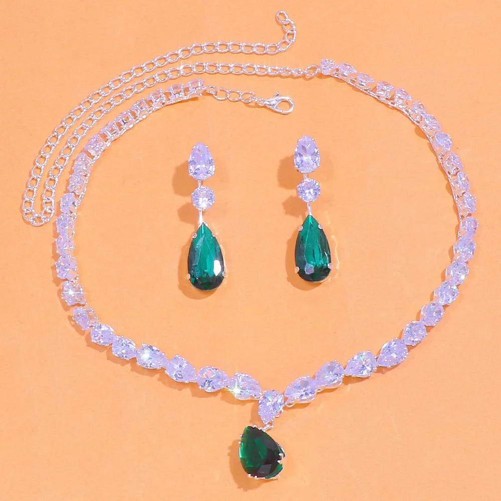 Green Water Drop Necklace Earrings Sets Jewelry For Women.