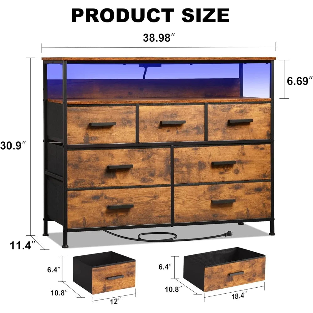 Bedroom Dresser TV Cabinet With LED Lights and Power Socket Chest of Drawers