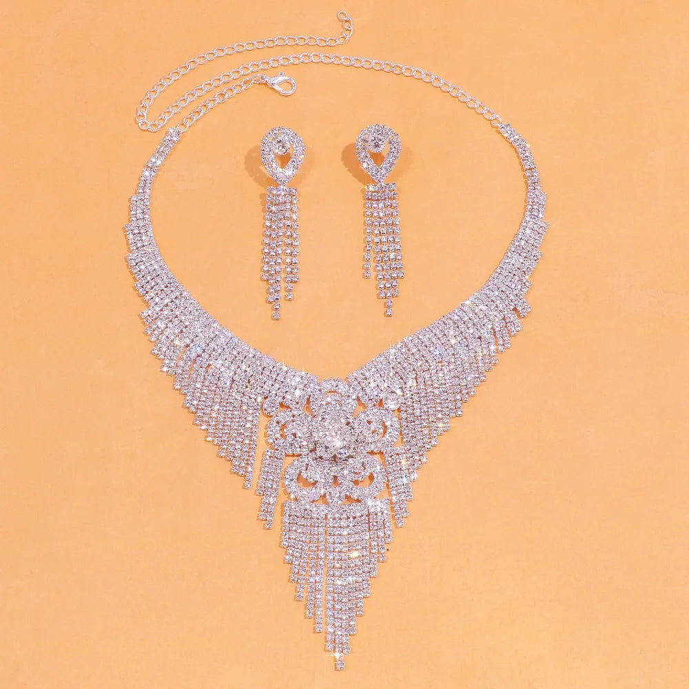 Crystal Flower Tassel Necklace Earrings Set for Women.