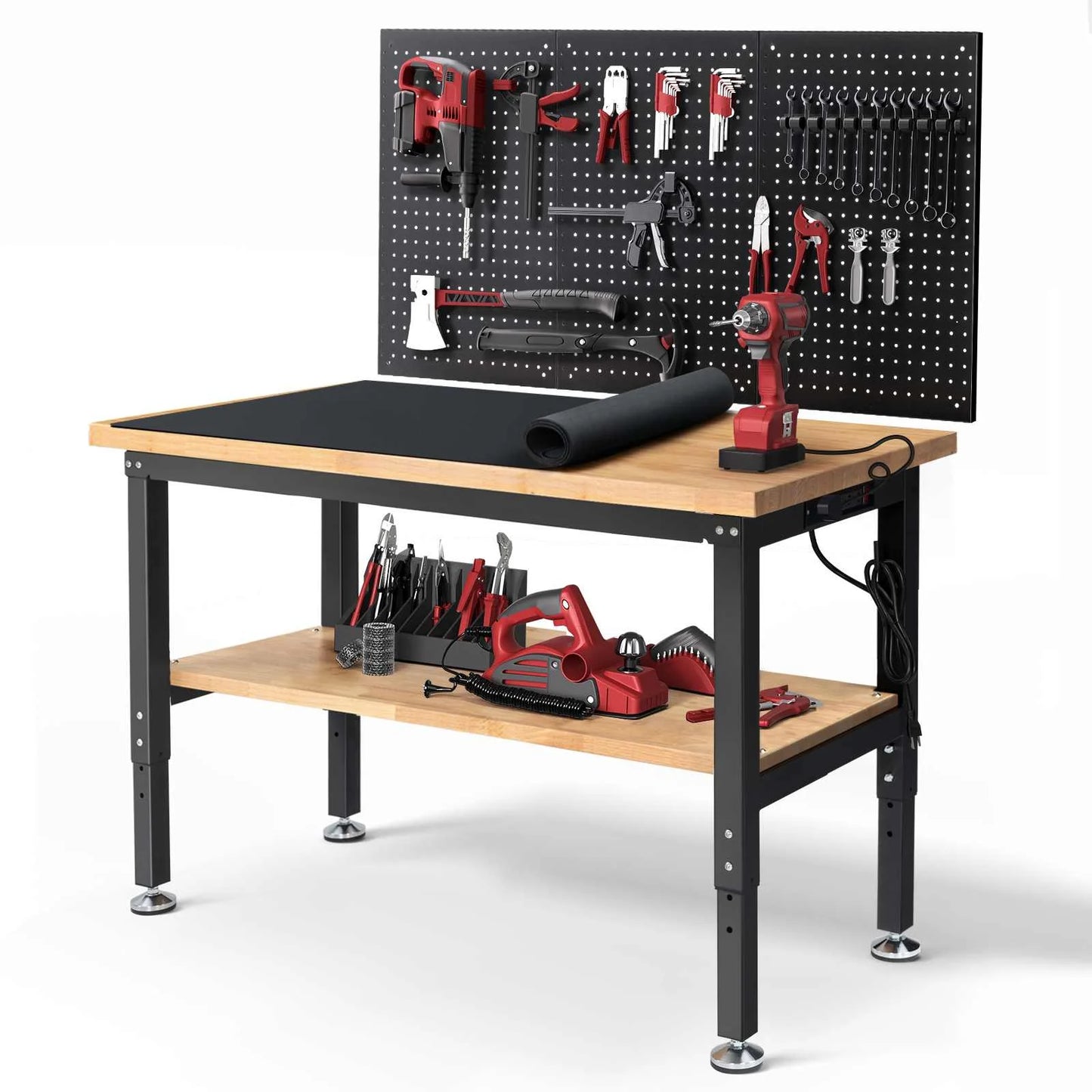 48 Inch Work Table for Garage Adjustable Height Rubber Wood Workbench