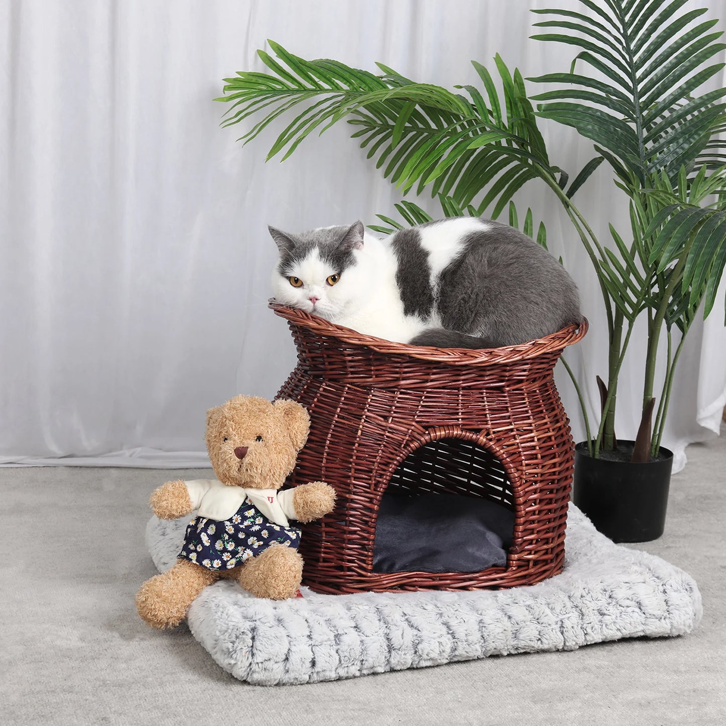 2-Tier Wicker Bunk Basket Cat Sleeping Bed Play House