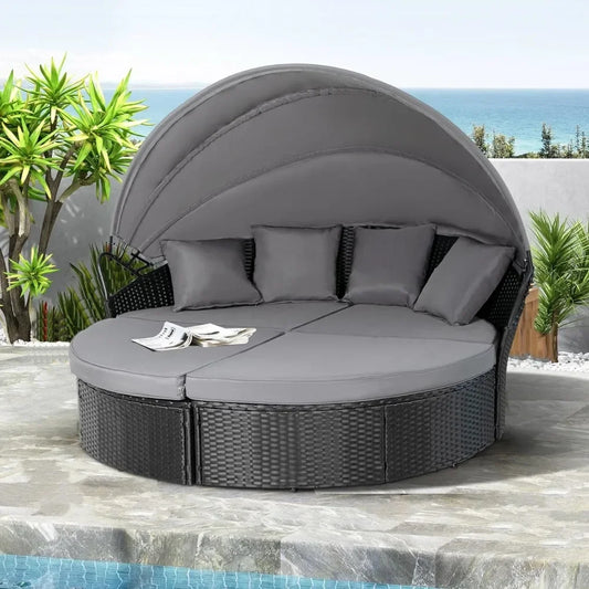 Outdoor Patio Canopy Bed Round Daybed with Washable Cushions