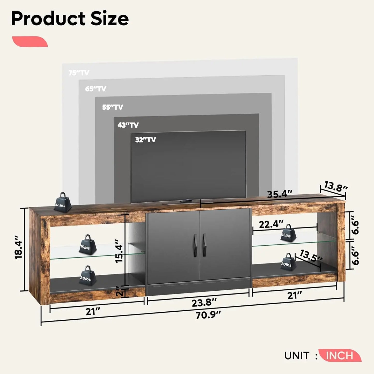 70 Inch Led TV Stand for 75 Inch TV Large Entertainment Center