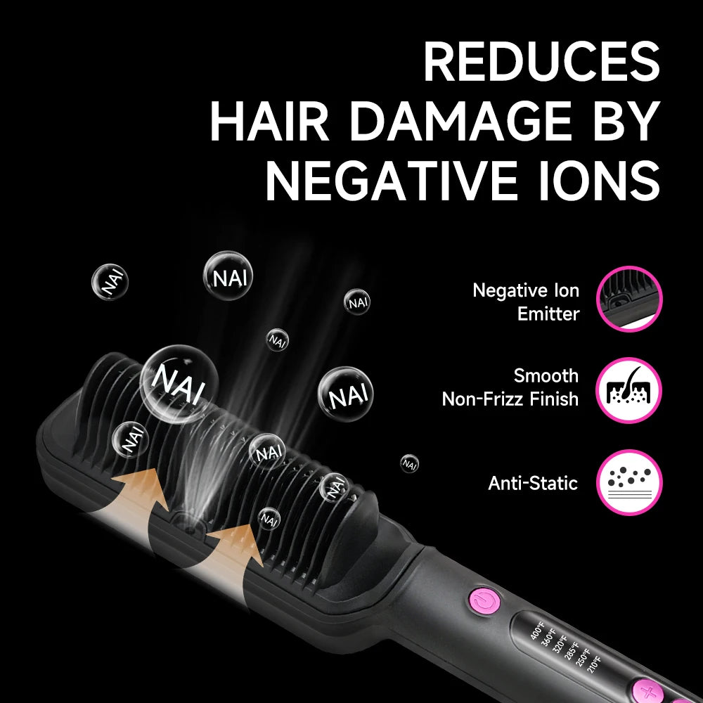 Hair Straightener Brush with Six Temperature Settings.