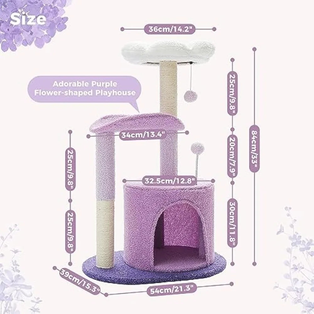 32 Inches Purple Flower Cat Tower with Sisal Covered Scratching Post