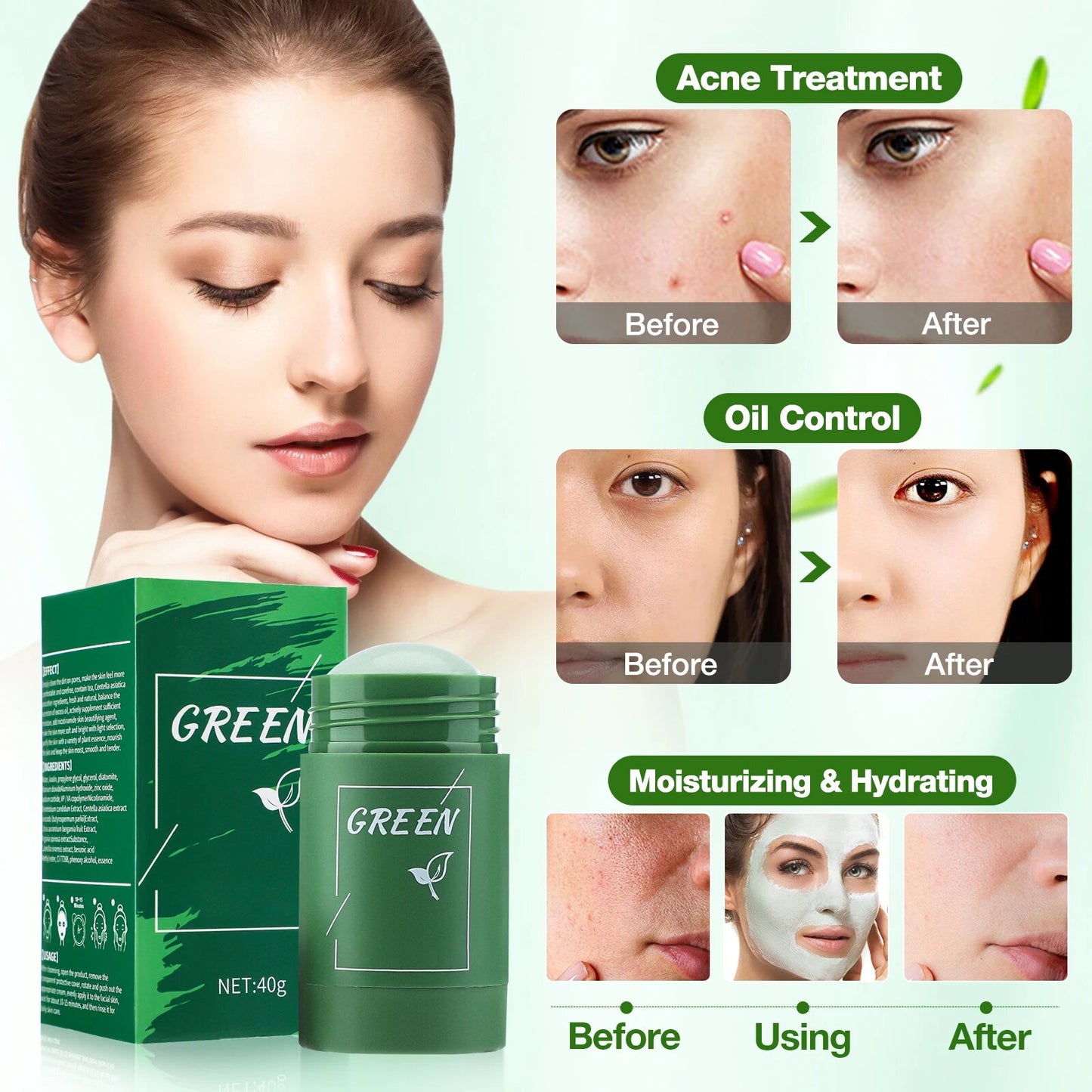 Green Tea Mask Stick Blackhead Remover Clay Face Mask Oil skin care