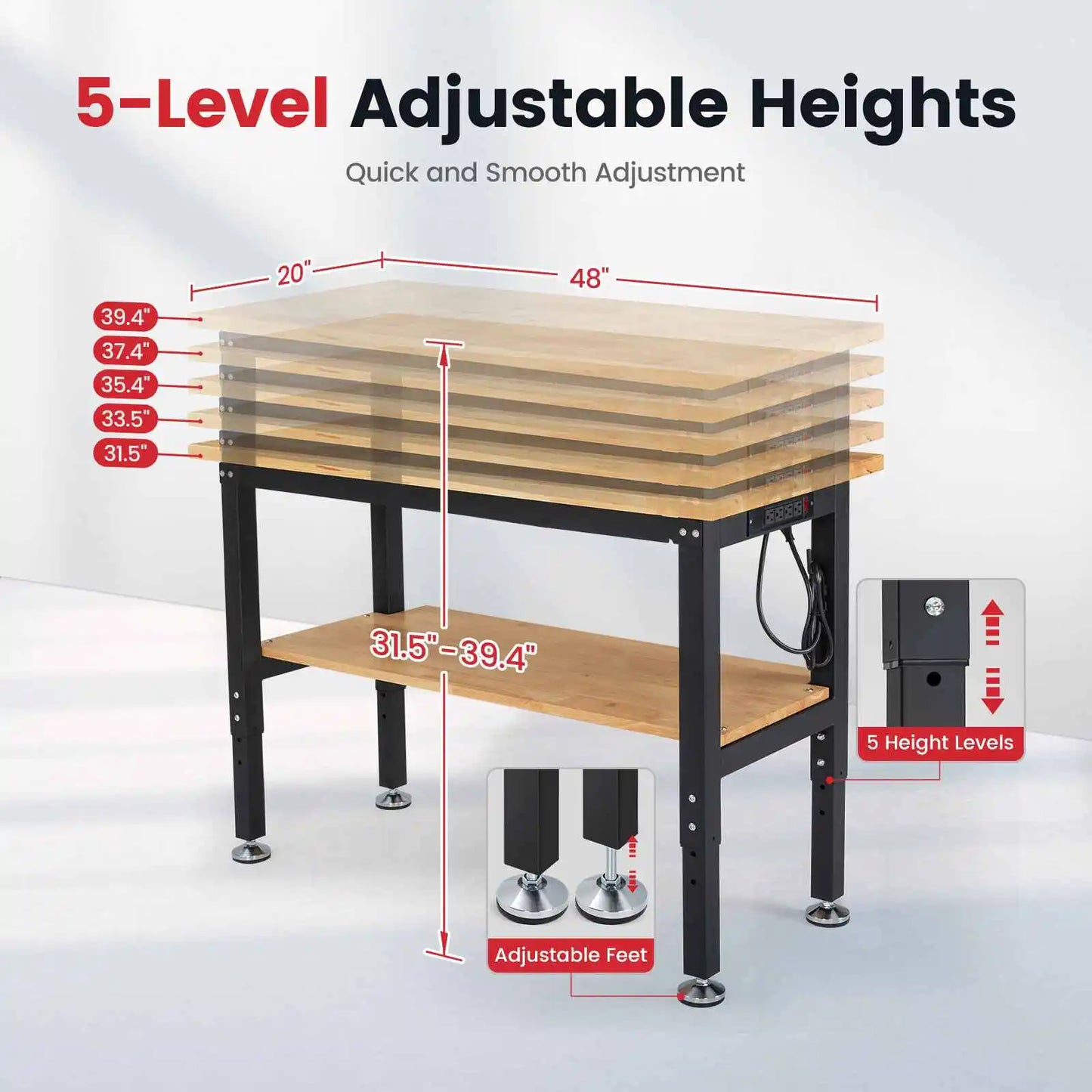 48 Inch Work Table for Garage Adjustable Height Rubber Wood Workbench